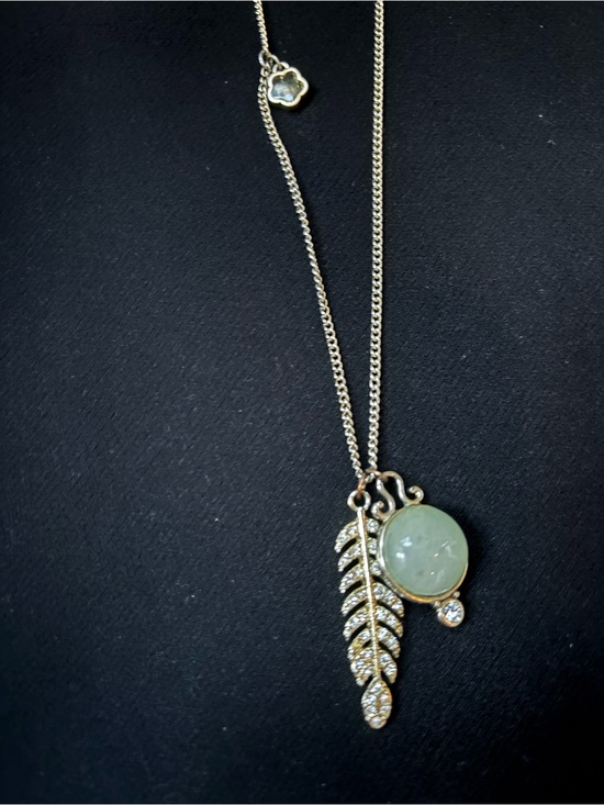 Premier Jewelry Jewelry - Gold-Tone Necklace with Green Jade Disk and Crystal Feather Charm